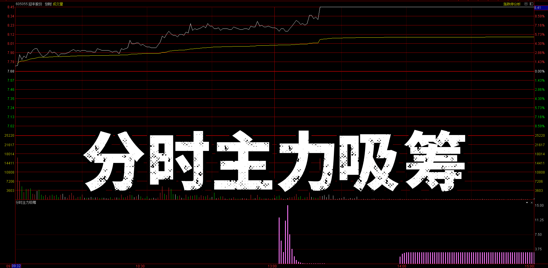 分时主力吸筹指标公式，分时量中显主力（分时副图）